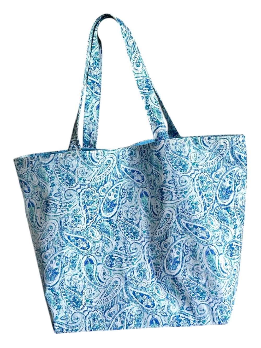 Hand Crafted Fabric Tote Bag Colorful Blue Paisley Market Bag Shoulder Purse - Picture 3 of 10